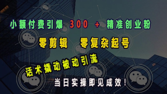 小额付费引爆 300 + 精准创业粉,零剪辑、零复杂起号,话术撬动被动引流,当日实操即见成效-第一资源库