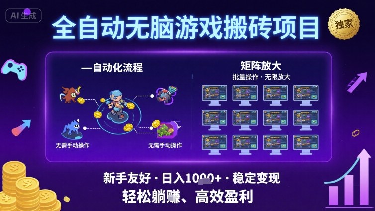 全自动无脑游戏搬砖项目，独家玩法，可批量矩阵无限放大，新手也能轻松日入1k+【揭秘】-第一资源库