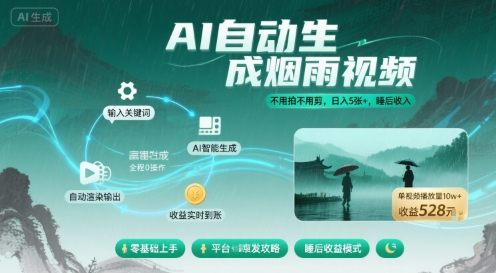 不用拍不用剪！AI自动生成烟雨视频，日入5张+，睡后收入-第一资源库