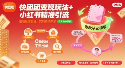 快团团变现玩法+小红书精准引流技巧,助你真正落地私域卖货,实现持续挣米-第一资源库