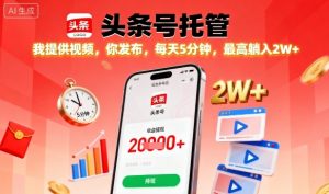 【头条号托管】我提供视频，你发布，每天5分钟，最高躺入2W+【揭秘】-第一资源库