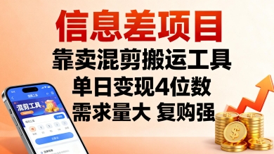 信息差项目，靠卖混剪搬运工具，单日变现4位数，需求量大，复购强，操作简单，几分钟一条视频-第一资源库
