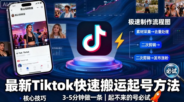 最新Tiktok快速搬运快速起号方法，3-5分钟做一条，起不来的号可以试试-第一资源库