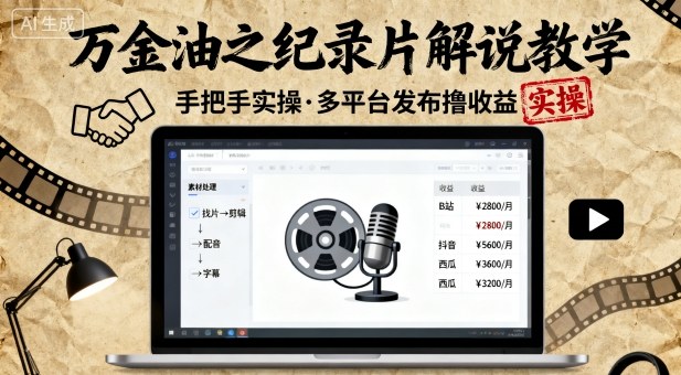 万金油之纪录片解说教学，手把手教你，完全实操，多平台发布撸收益-第一资源库