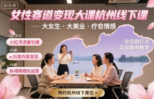 女性赛道变现大课杭州线下,大女生,大美业,疗愈情感,一套小红书、抖音、私域全链路打法-第一资源库