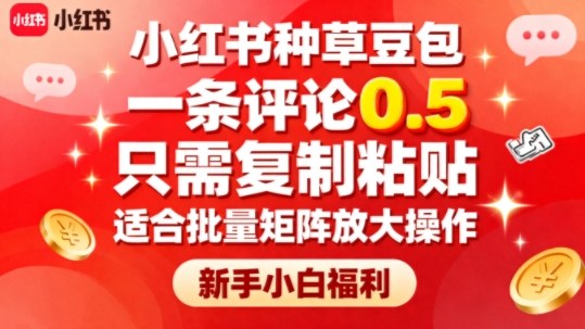 小红书种草豆包，一条评论0.5，只需复制粘贴，适合批量矩阵放大操作，新手小白福利-第一资源库