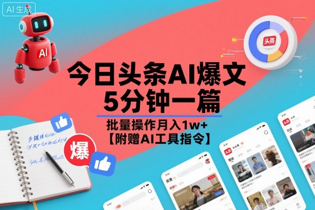 今日头条AI爆文，5分钟一篇，批量操作月入1w+【附赠AI工具指令】-第一资源库