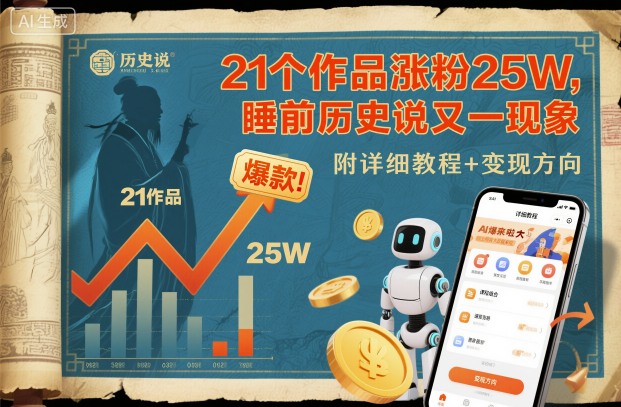 21个作品涨粉25W，睡前历史说又一现象级AI内容大爆款来啦，附详细教程+变现方向-第一资源库