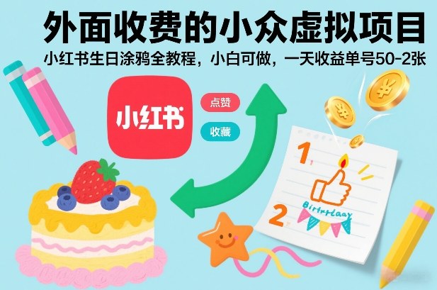 外面收费的小众虚拟项目,小红书生日涂鸦全教程,小白可做,一天收益单号50-2张-第一资源库