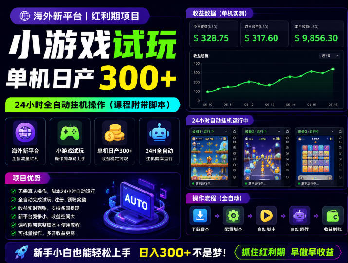 海外新平台，小游戏试玩，单机日产300+，24小时全自动挂G操作（课程附带脚本）【揭秘】-第一资源库